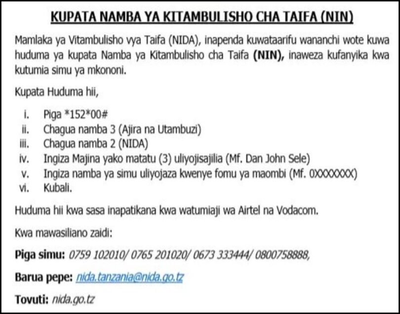 Jinsi Ya Kupata Namba Ya NIDA Kwa Simu 2025