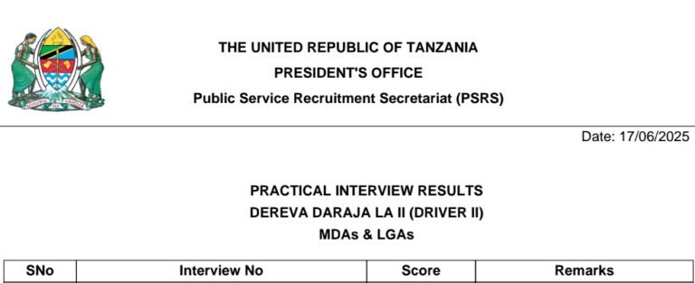 MATOKEO ya Usaili wa Vitendo Dereva Daraja la II MDAs & LGAs, Juni 2025