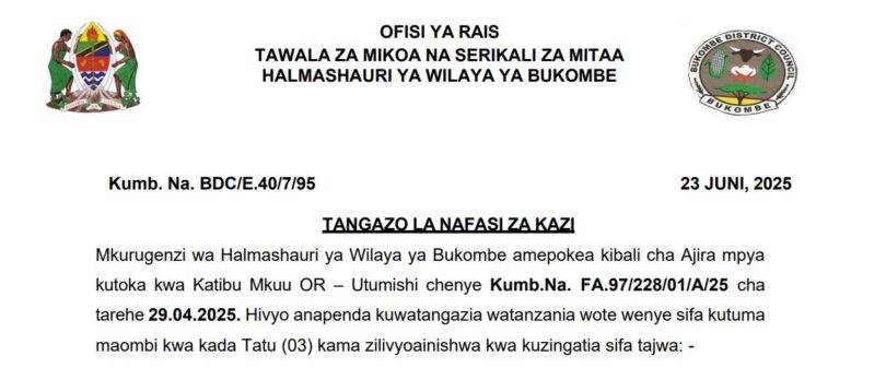 NAFASI 12 za Kazi Halmashauri ya Wilaya ya Bukombe