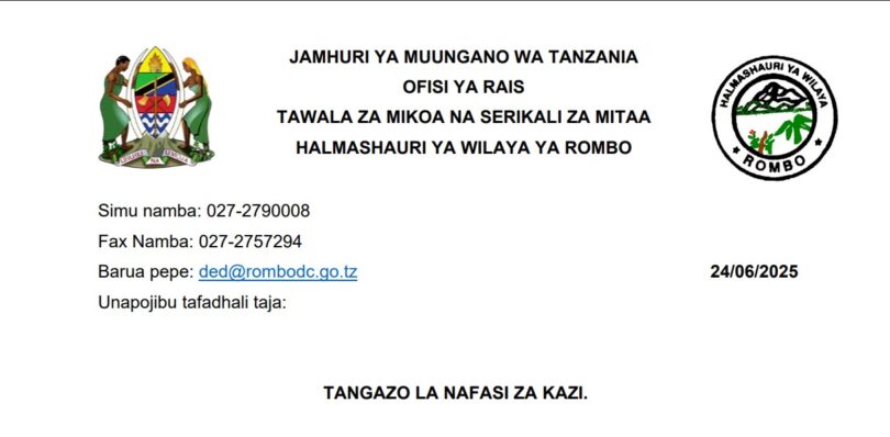 Nafasi 9 Za Kazi Halmashauri Ya Wilaya Ya Rombo
