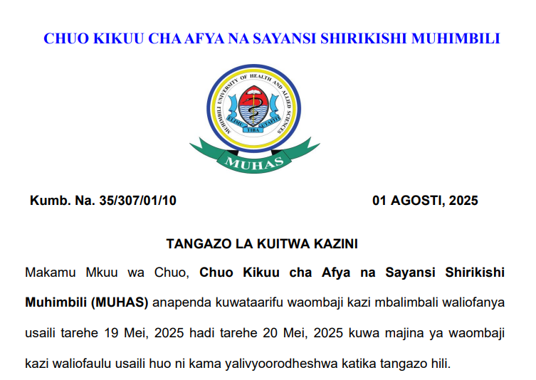MUHAS Yatangaza Majina ya Walioitwa Kazini Agosti 2025