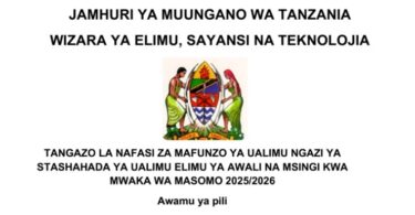 Nafasi za Mafunzo ya Stashahada ya Ualimu Elimu ya Awali na Msingi 2025/2026 Awamu ya Pili